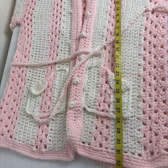 Vtg Hand Crochet Cardigan Sweater Size Lg Duster Pockets Pink White Cottagecore - Picture 11 of 12